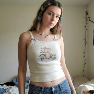 Forever 21 Psycho Teddy Bear Cami Tank Top Womens Small Cream Bows Cute Coquette